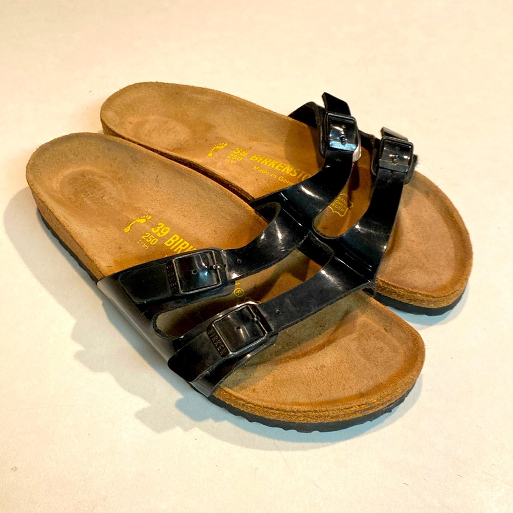 BIRKENSTOCK Birks Ibiza Black Patent Leather Double Strap Sandal Size 39 L8 M6